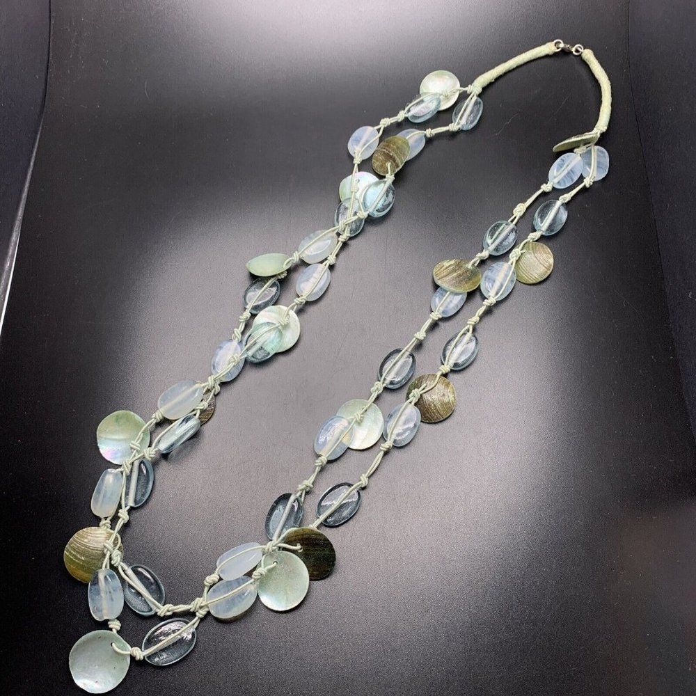 Long Boho Necklace Aqua Blue Shell Glass Bead Cord Beach Knotted 30 Inch